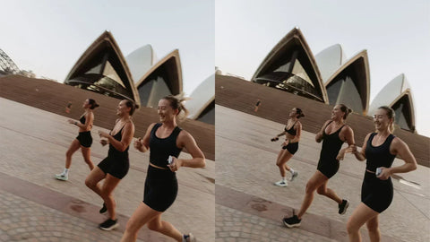 Bea and friends running together in front of Sydney Opera House.