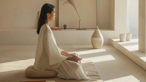 Woman meditating on a beige cushion in a styled calming setting with neutral tones. 