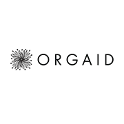 Orgaid logo - black capatalised text on a white background with a floral graphic