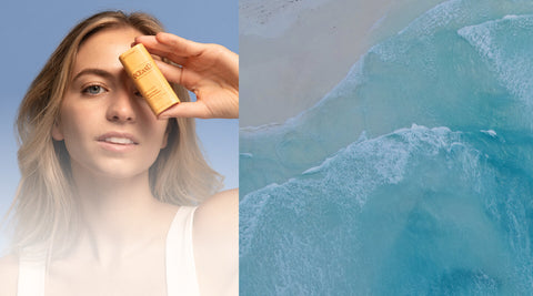 Woman holding a bottle of sunscreen next to an image of ocean waves.