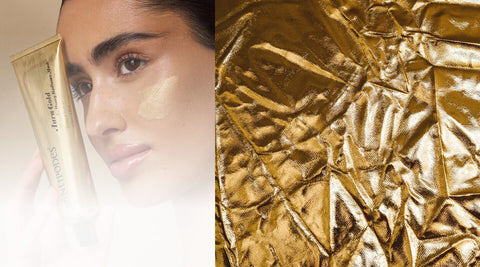 Close-up of a woman's face with a gold cosmetic product and crumpled gold foil texture.