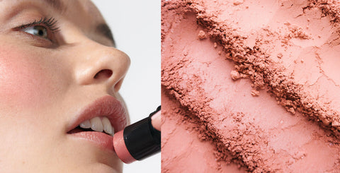 Close-up of a person applying lipstick with a close-up of lipstick powder on the right.