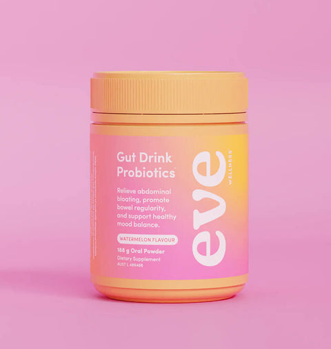 Jar of Eve Gut Drink Probiotics on a pink background