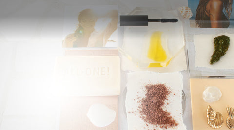 Collage of various cosmetic products on a white background