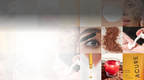 Collage of images featuring skincare products and a drink, with 'Acure' brand visible.