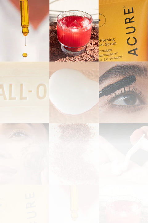 Collage of skincare products including a dropper, red drink with ice, scrub, and mascara.