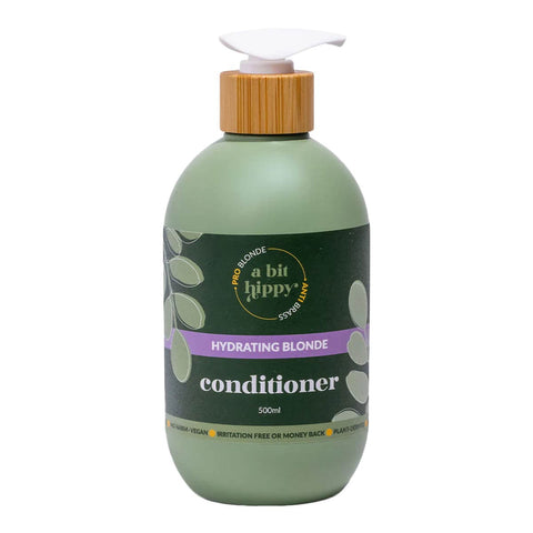 Green shampoo bottle with bamboo pump containing A Bit Hippy Blonde Hydrating Conditioner on a white background.