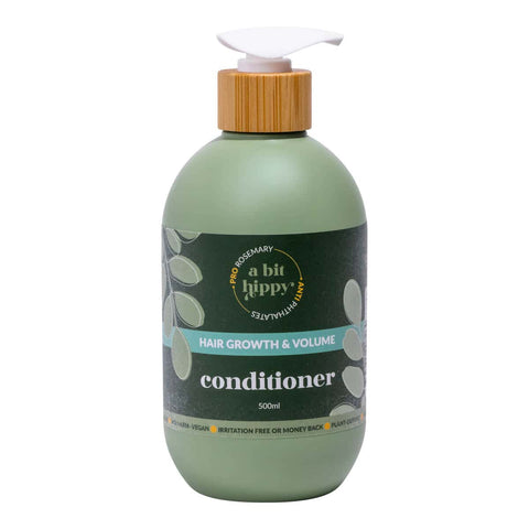 500ml green bottle of A Bit Hippy Hair Growth & Volume Conditioner with bamboo lid and a white pump.