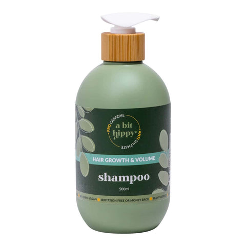 500ml green bottle of A Bit Hippy Hair Growth & Volume Shampoo with bamboo lid and a white pump.