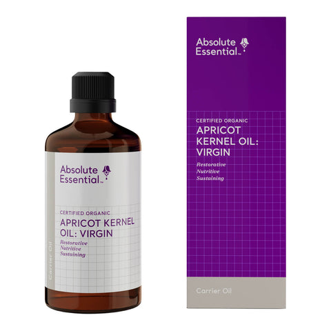 Bottle and packaging of Absolute Essential Apricot Kernel Oil on a white background