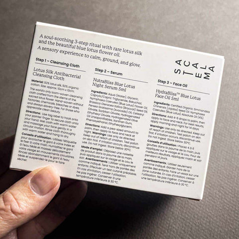 Hand holding a skincare starter set with 3 step ritual and ingredients of each item in the set.