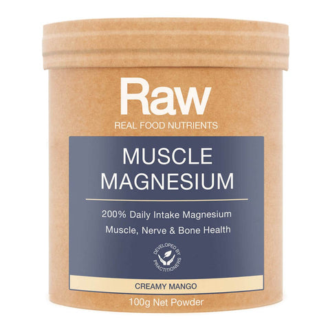 Container of Raw Muscle Magnesium powder with a creamy mango flavour on a white background. 