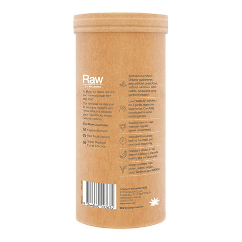 Back of Amazonia Raw Organic Fibre Lemon Lime 300g, with product details.