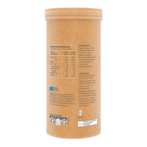 Side of container of organic fibre with nutritional information panel and ingredients.