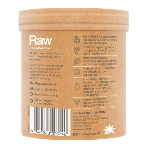 Back of Amazonia Raw Organic Greens container with product highlights.