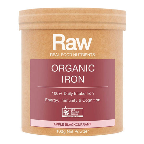 Front of container of organic iron - apple blackcurrant flavour. 