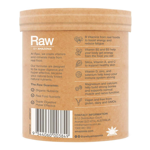 Back of Amazonia Raw Organic Multivitamin Pineapple with product highlights. 