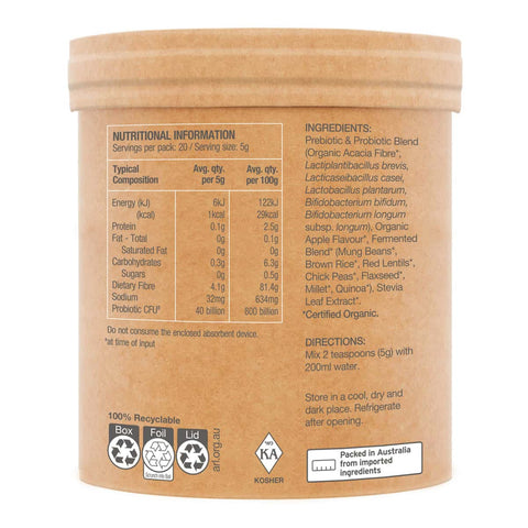 Back of Amazonia Raw Probiotics Cloudy Apple 100g. Nutritional information panel and ingredients.