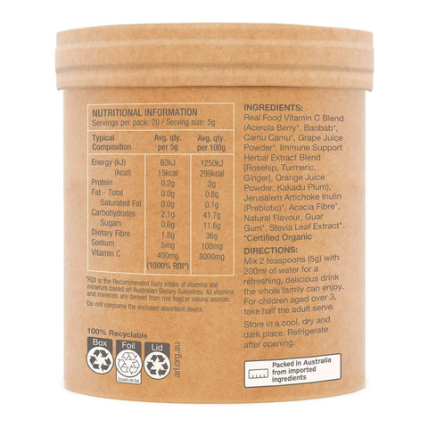 Side of container of Amazonia Raw Organic Vitamin C with nutritional information panel and ingredients.