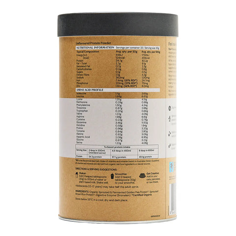 Back label of a protein supplement container with product benefits & information.