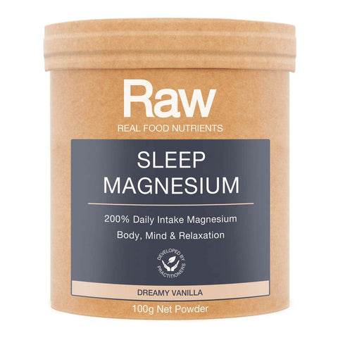 Front of container of Amazonia Raw Sleep Magnesium body, mind & relaxation.