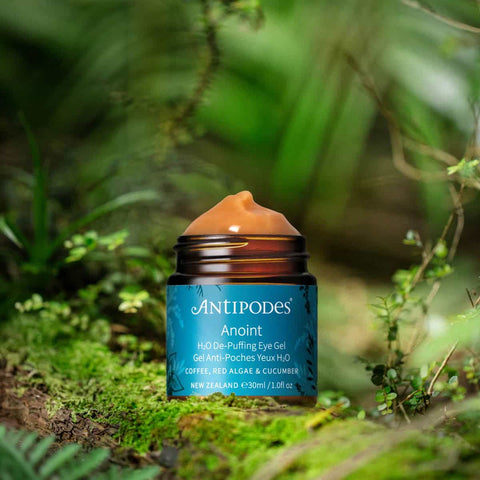 Antipodes eye gel jar on a natural background.