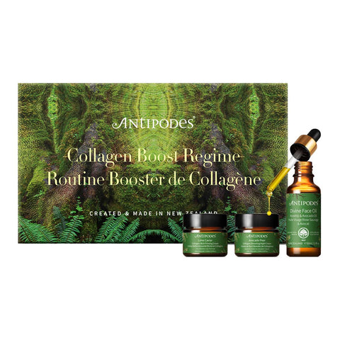 Antipodes Collagen Boost Regime with packaging and products on a white background.