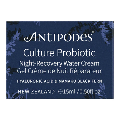 A rectangular blue product box for Antipodes Culture Probiotic Night-Recovery Water Cream, with white text and subtle floral illustrations in the corners, shown on a plain white background.