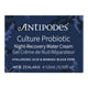 A rectangular blue product box for Antipodes Culture Probiotic Night-Recovery Water Cream, with white text and subtle floral illustrations in the corners, shown on a plain white background.