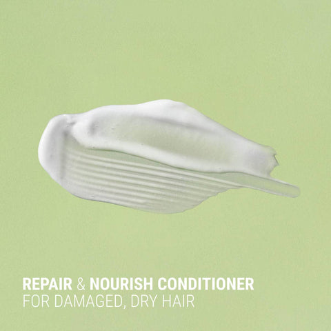 White conditioner sample on a light green background with text 'Repair & Nourish Conditioner for Damaged, Dry Hair'.