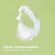 Shampoo lather on a green background with text 'Repair & Nourish Shampoo for Damaged, Dry Hair'.