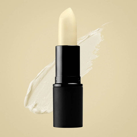 Black lipstick case with kiwi seed oil lip conditioner with a pale beige background.