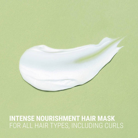 White hair mask on a green background with text about hair mask for all hair types.