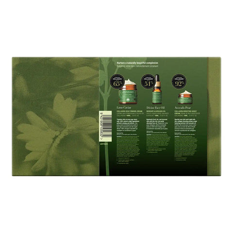 The back of a green skincare box showing product details, including three illustrated products with text and a barcode on a white background.