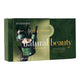 A rectangular cosmetic gift box shown on a plain white background. The box is dark green with botanical imagery and displays an illustration of a green cream jar and a dropper bottle.