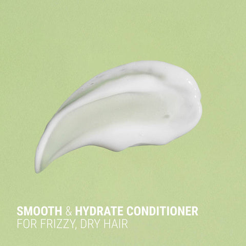 White conditioner smear on a green background with text 'Smooth & Hydrate Conditioner for Frizzy, Dry Hair'.