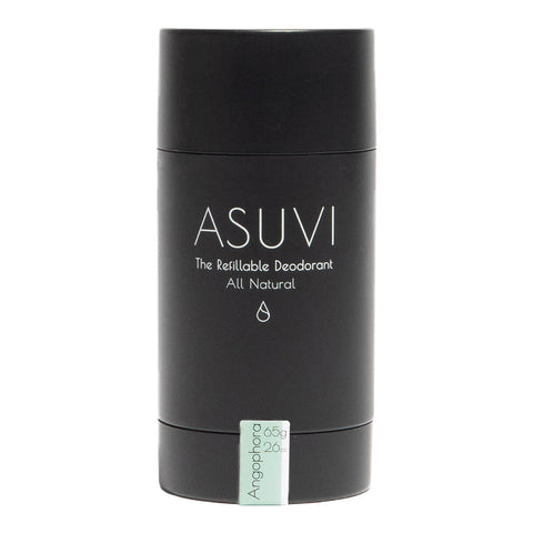Black deodorant container with 'ASUVI' branding on a white background