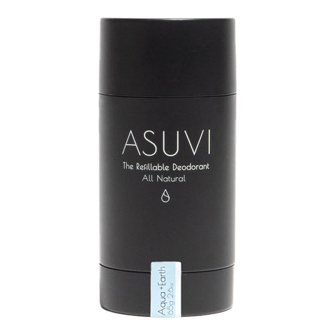 Black deodorant container with 'ASUVI' branding on a white background