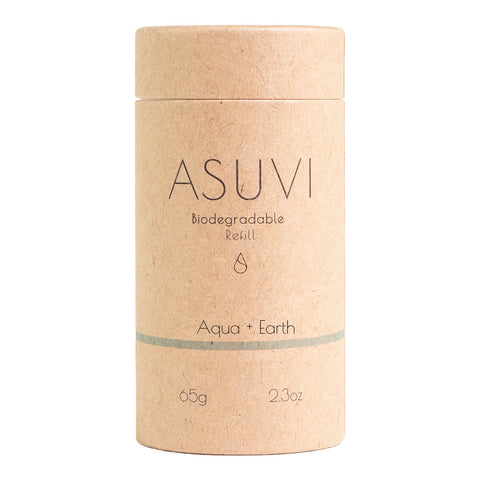 Biodegradable refill container with 'ASUVI' branding on a white background