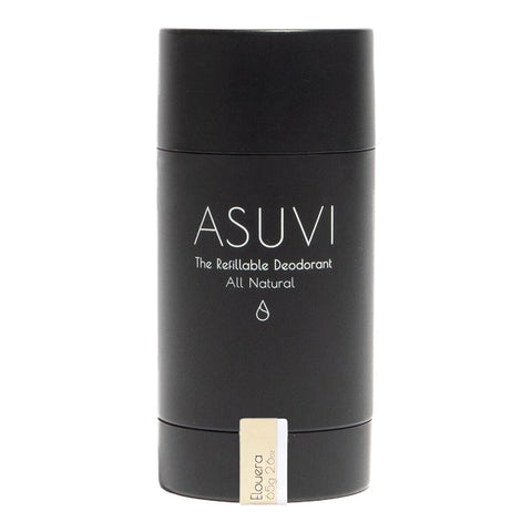 Black deodorant container with 'ASUVI' branding on a white background