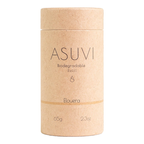 Biodegradable refill container with 'ASUVI' branding on a white background