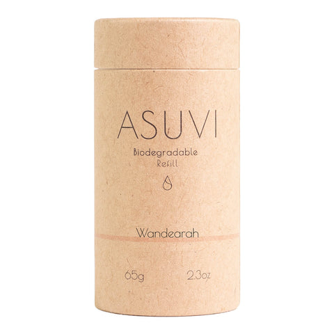 Biodegradable refill container with 'ASUVI' branding on a white background