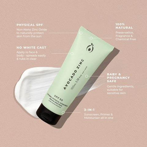 Avocado Zinc sunscreen tube with product features on a beige background.
