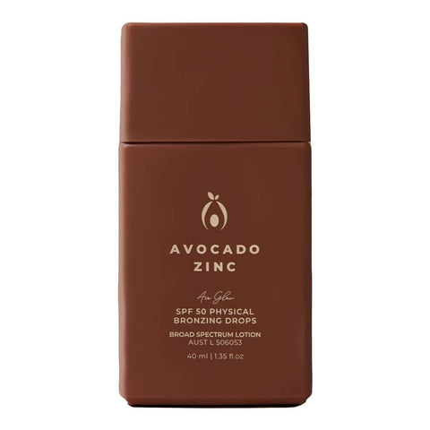 Brown bottle of Avocado Zinc SPF 50 physical bronzing drops on a white background