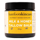 Jar of Milk & Honey Tallow Balm with 'barefootskincare' label on a white background
