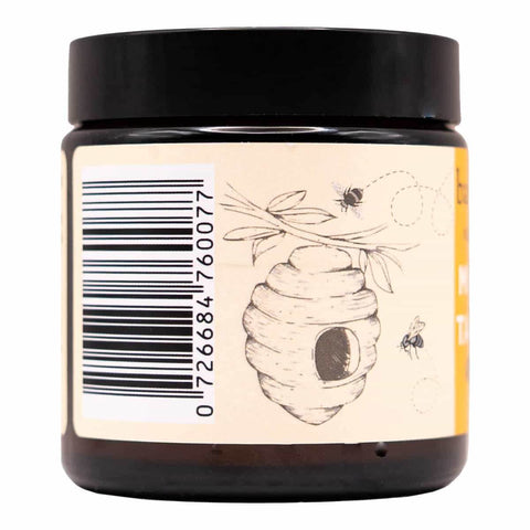 Jar with a black lid and a label featuring a bee and honeycomb design on a white background.
