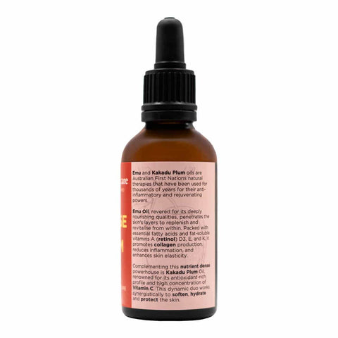Side of Sunrise Serum bottle showing label with product information. 