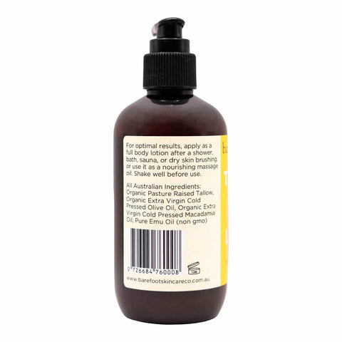 Baco of tallow body lotion pump bottle & label with product information on a white background