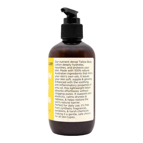 Tallow body lotion bottle - showing label with information about tallow and the product's benefits.