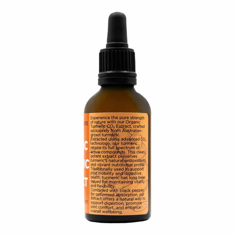 Dropper bottle of turmeric with information about the product & health benefits.
